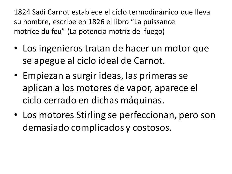 1824 Sadi Carnot establece el ciclo termodinámico que lleva su nombre, escribe en 1826 el libro La puissance motrice du feu (La potencia motriz del fuego)