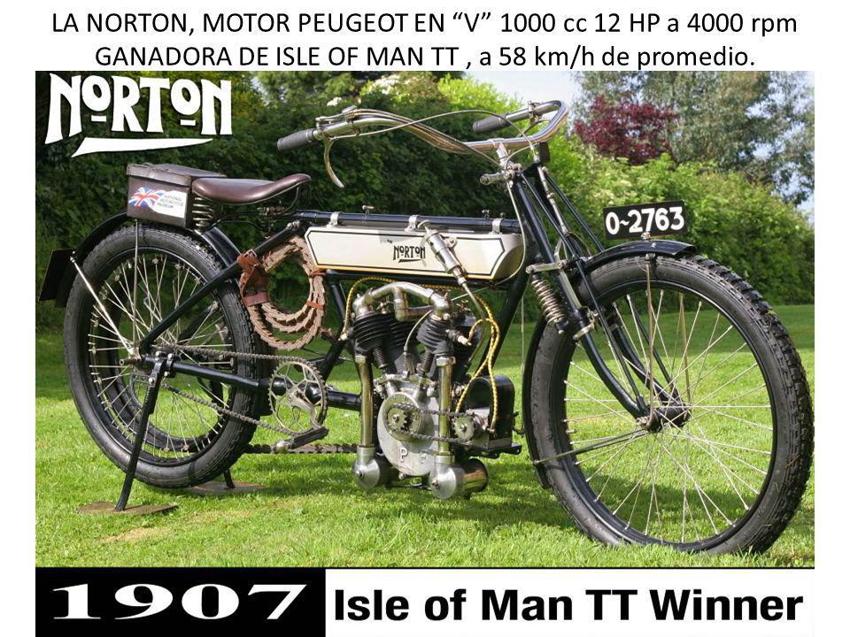 LA NORTON, MOTOR PEUGEOT EN V 1000 cc 12 HP a 4000 rpm GANADORA DE ISLE OF MAN TT , a 58 km/h de promedio.