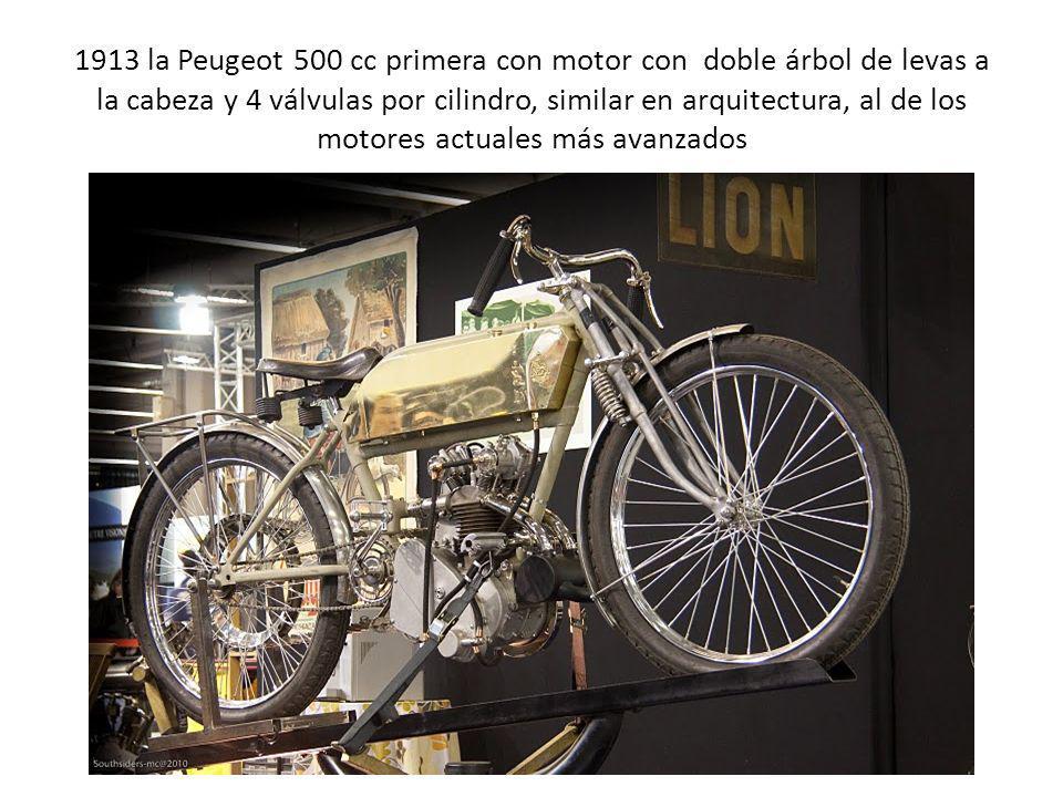 1913 la Peugeot 500 cc primera con motor con doble árbol de levas a la cabeza y 4 válvulas por cilindro, similar en arquitectura, al de los motores actuales más avanzados