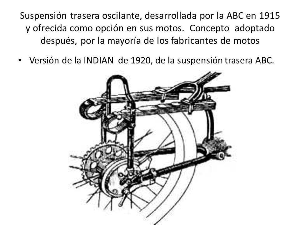 Suspensión trasera oscilante, desarrollada por la ABC en 1915 y ofrecida como opción en sus motos. Concepto adoptado después, por la mayoría de los fabricantes de motos