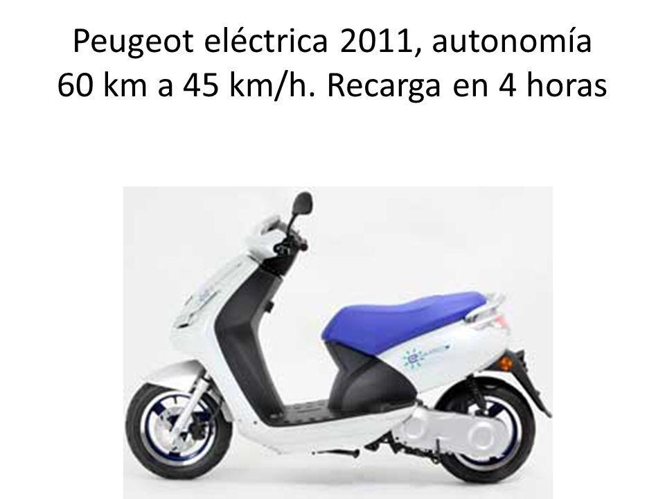 Peugeot eléctrica 2011, autonomía 60 km a 45 km/h. Recarga en 4 horas