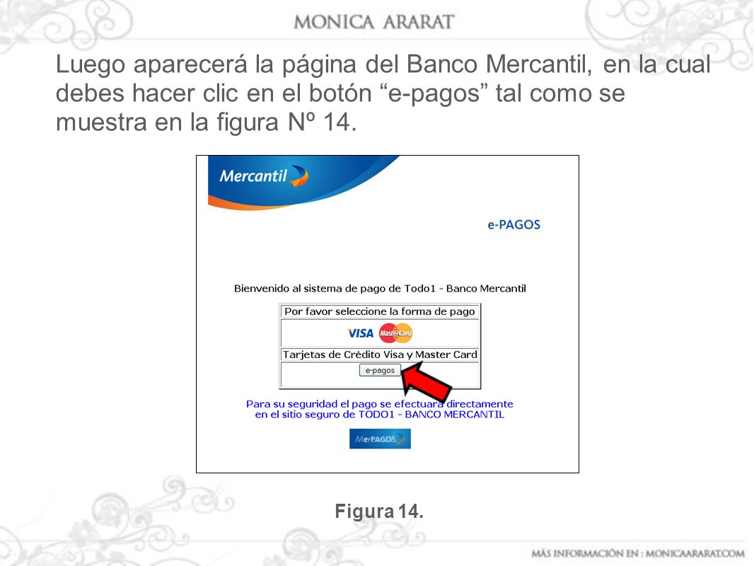 Luego aparecerá la página del Banco Mercantil, en la cual debes hacer clic en el botón e-pagos tal como se muestra en la figura Nº 14.