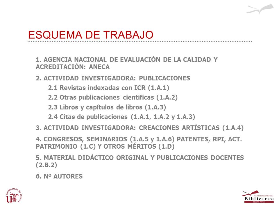 ESQUEMA DE TRABAJO 1. AGENCIA NACIONAL DE EVALUACIÓN DE LA CALIDAD Y ACREDITACIÓN: ANECA. 2. ACTIVIDAD INVESTIGADORA: PUBLICACIONES.