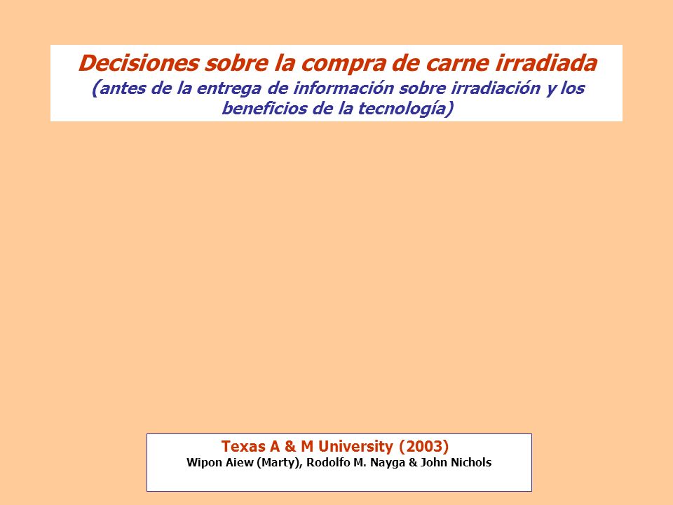 Decisiones sobre la compra de carne irradiada (antes de la entrega de información sobre irradiación y los beneficios de la tecnología)