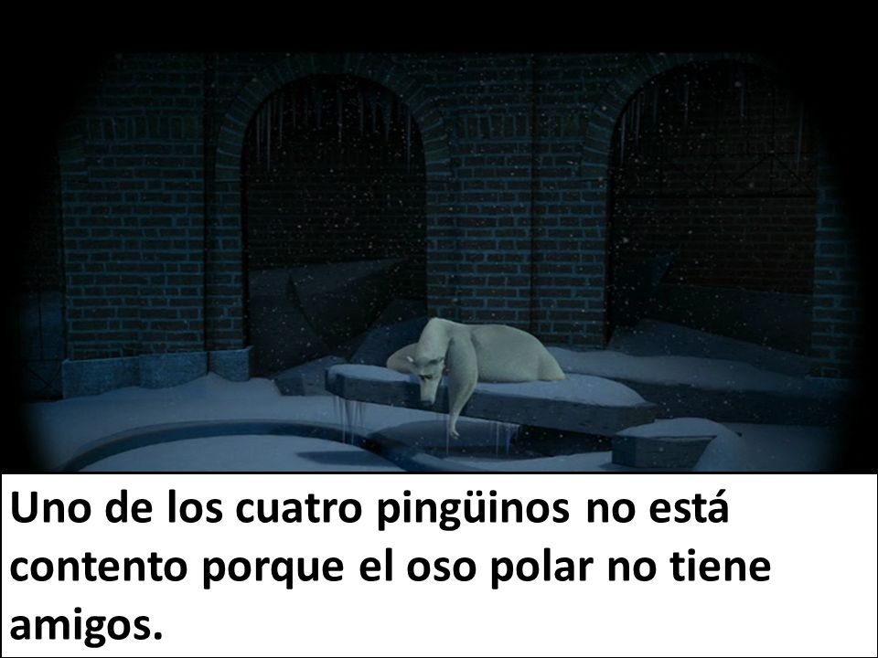 Uno de los cuatro pingüinos no está contento porque el oso polar no tiene amigos.