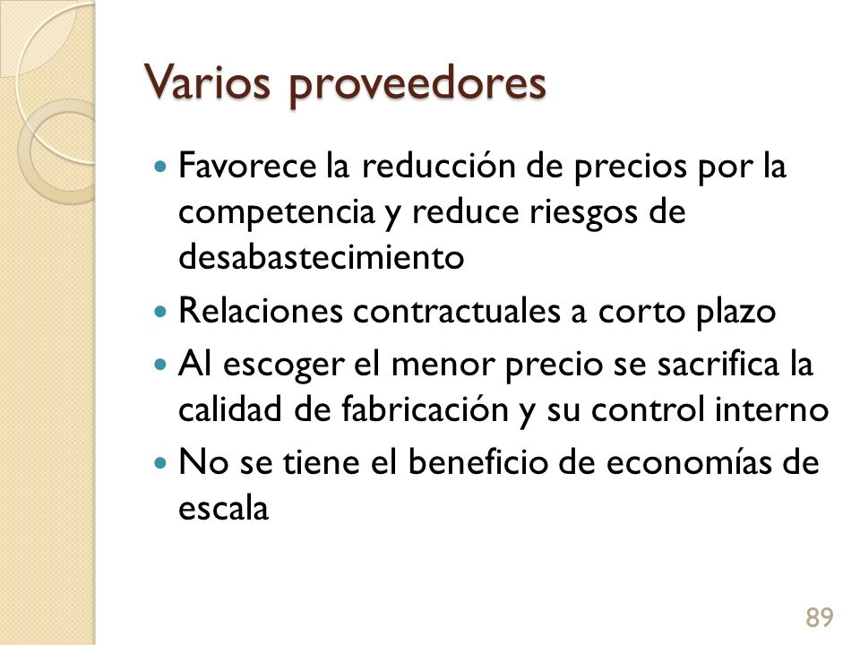 Varios proveedores Favorece la reducción de precios por la competencia y reduce riesgos de desabastecimiento.
