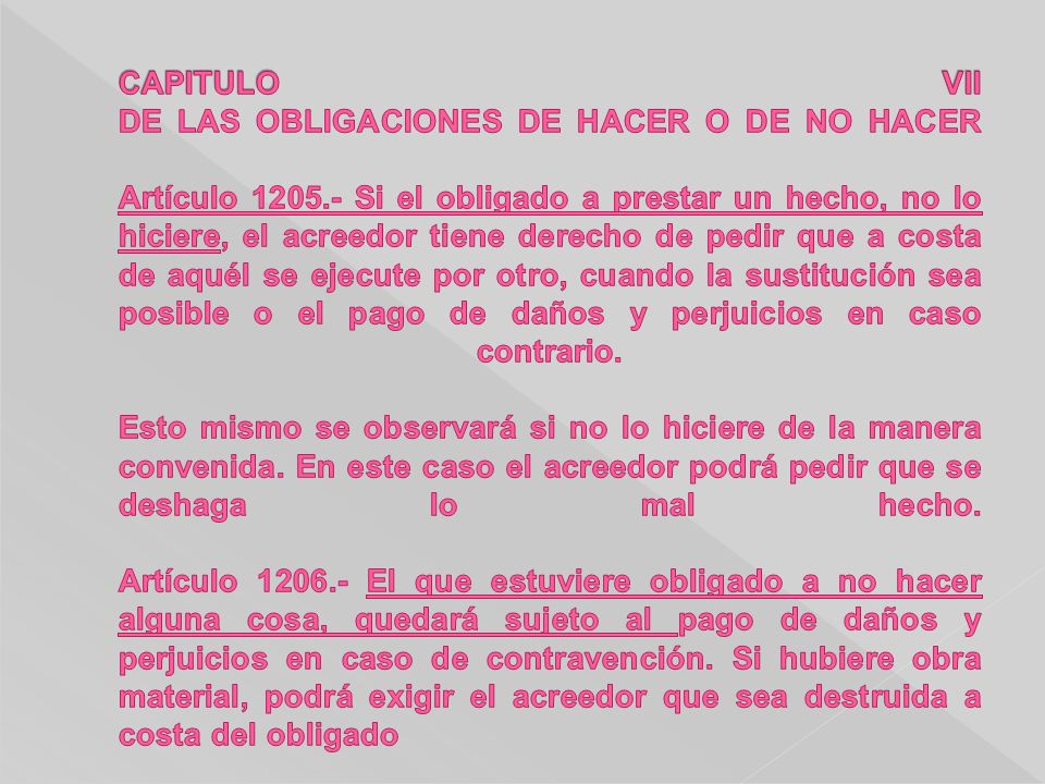 CAPITULO VII DE LAS OBLIGACIONES DE HACER O DE NO HACER Artículo 1205