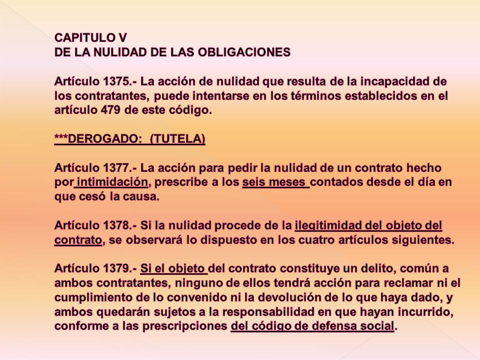 CAPITULO V DE LA NULIDAD DE LAS OBLIGACIONES Artículo 1375