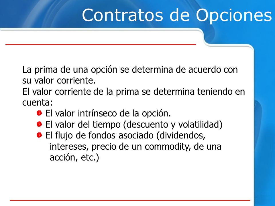 Contratos de Opciones La prima de una opción se determina de acuerdo con su valor corriente.