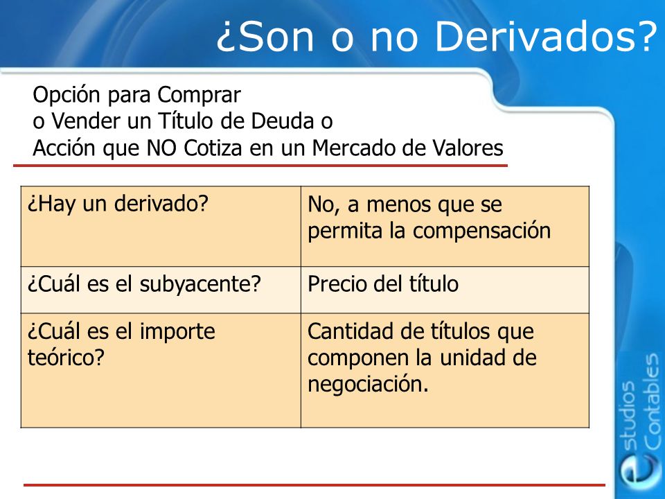 ¿Son o no Derivados Opción para Comprar o Vender un Título de Deuda o