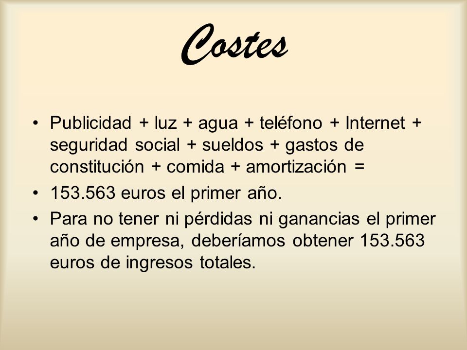 Costes Publicidad + luz + agua + teléfono + Internet + seguridad social + sueldos + gastos de constitución + comida + amortización =