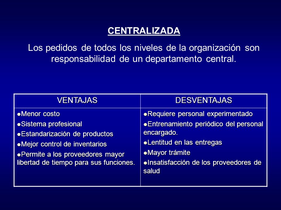 CENTRALIZADA Los pedidos de todos los niveles de la organización son responsabilidad de un departamento central.