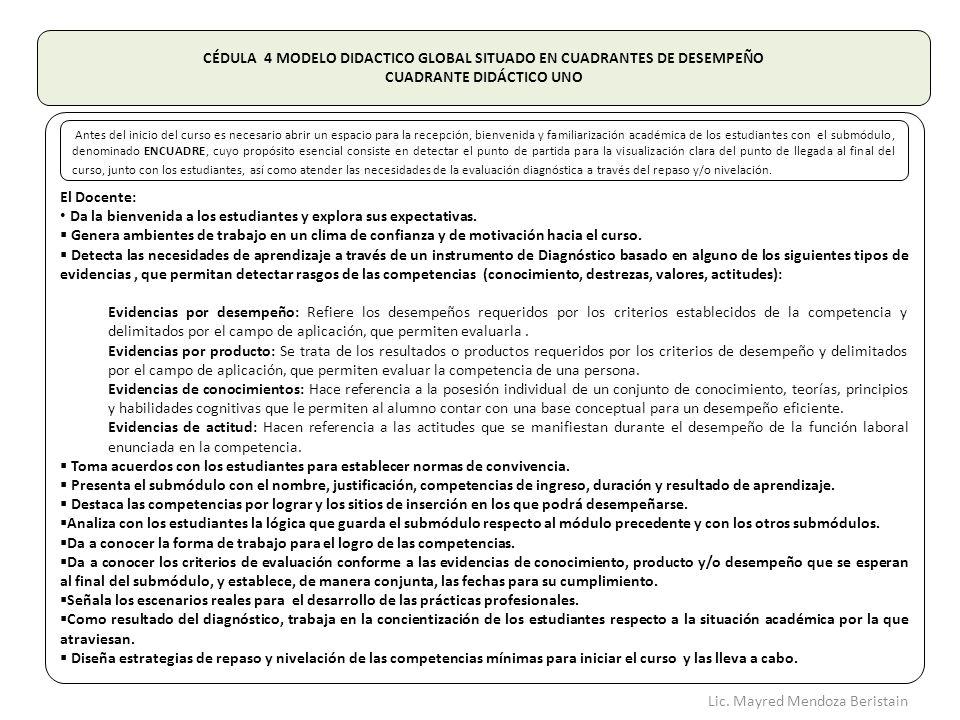 CÉDULA 4 MODELO DIDACTICO GLOBAL SITUADO EN CUADRANTES DE DESEMPEÑO