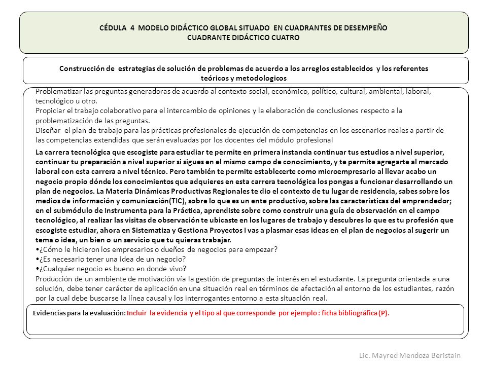 CÉDULA 4 MODELO DIDÁCTICO GLOBAL SITUADO EN CUADRANTES DE DESEMPEÑO