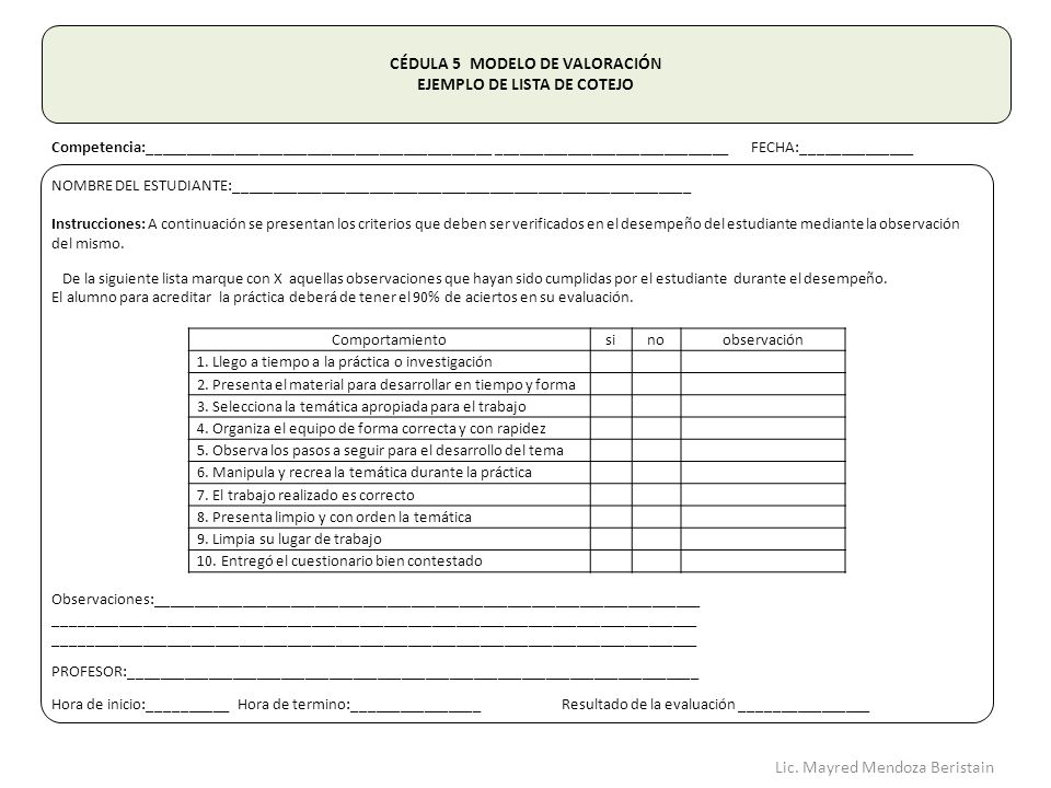 CÉDULA 5 MODELO DE VALORACIÓN EJEMPLO DE LISTA DE COTEJO