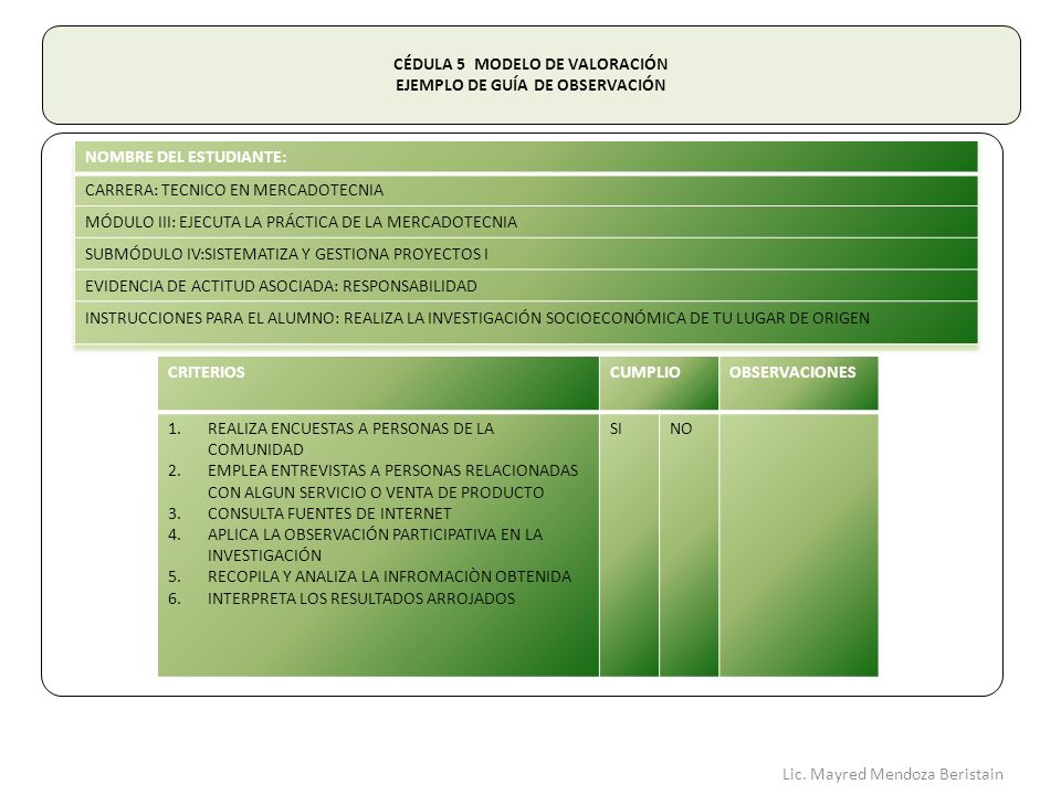 CÉDULA 5 MODELO DE VALORACIÓN EJEMPLO DE GUÍA DE OBSERVACIÓN