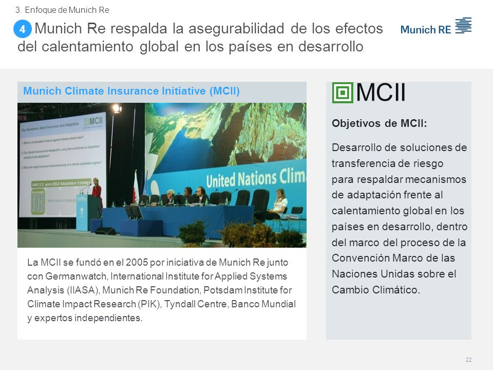 3. Enfoque de Munich Re Munich Re respalda la asegurabilidad de los efectos del calentamiento global en los países en desarrollo.