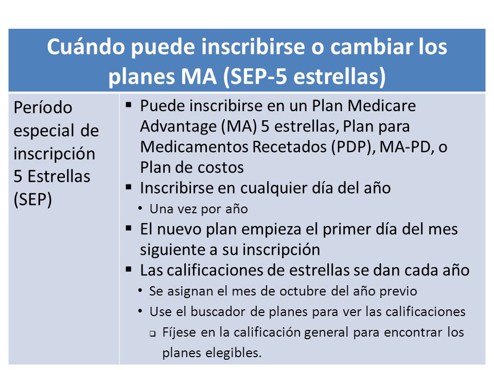 Cuándo puede inscribirse o cambiar los planes MA (SEP-5 estrellas)