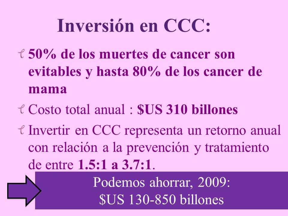 Inversión en CCC: 50% de los muertes de cancer son evitables y hasta 80% de los cancer de mama. Costo total anual : $US 310 billones.