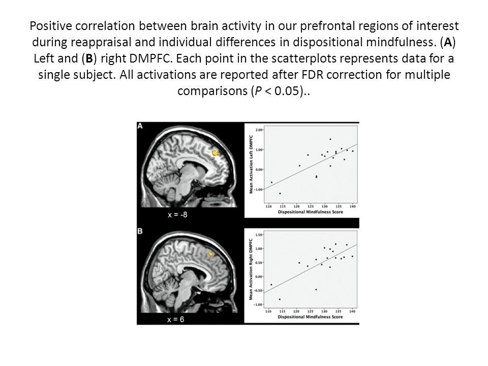 Positive correlation between brain activity in our prefrontal regions of interest during reappraisal and individual differences in dispositional mindfulness.