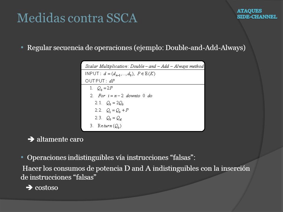 Medidas contra SSCA ATAQUES. Side-CHANNEL. Regular secuencia de operaciones (ejemplo: Double-and-Add-Always)