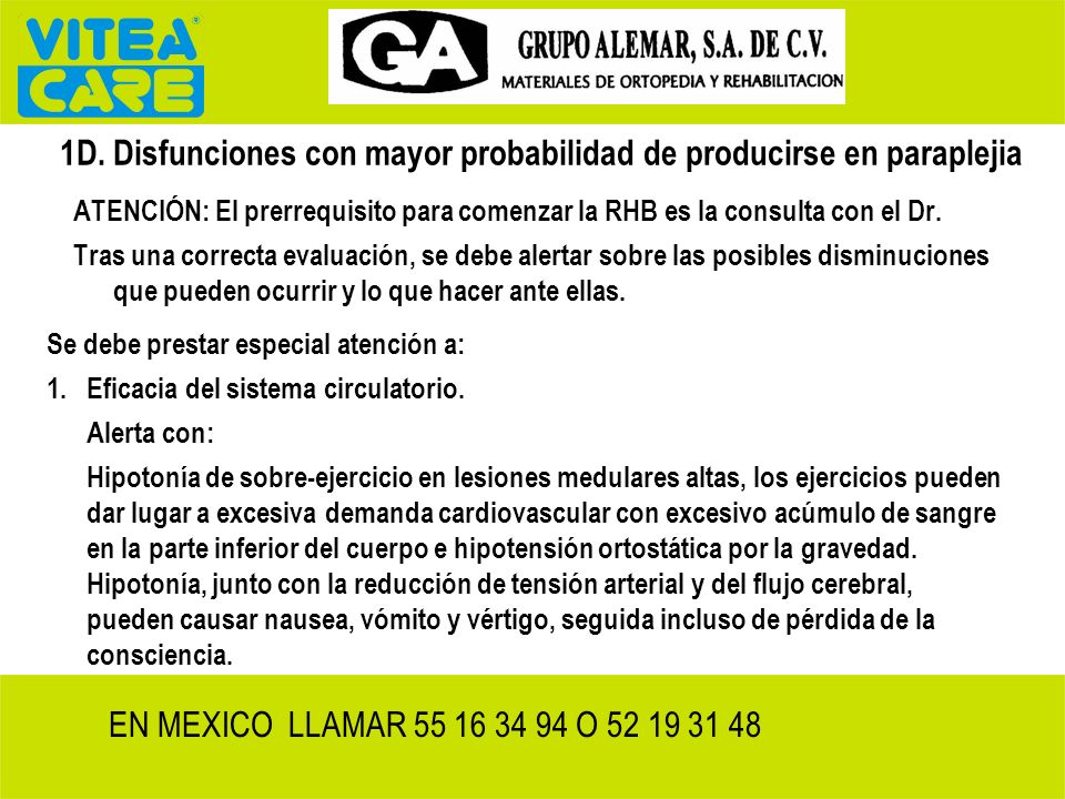 1D. Disfunciones con mayor probabilidad de producirse en paraplejia