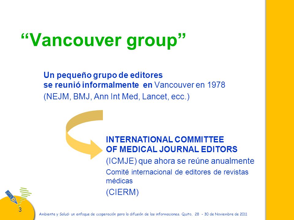 Vancouver group Un pequeño grupo de editores se reunió informalmente en Vancouver en (NEJM, BMJ, Ann Int Med, Lancet, ecc.)
