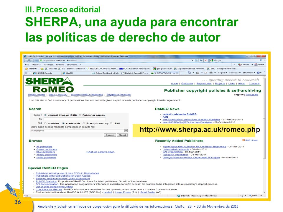 III. Proceso editorial SHERPA, una ayuda para encontrar las políticas de derecho de autor
