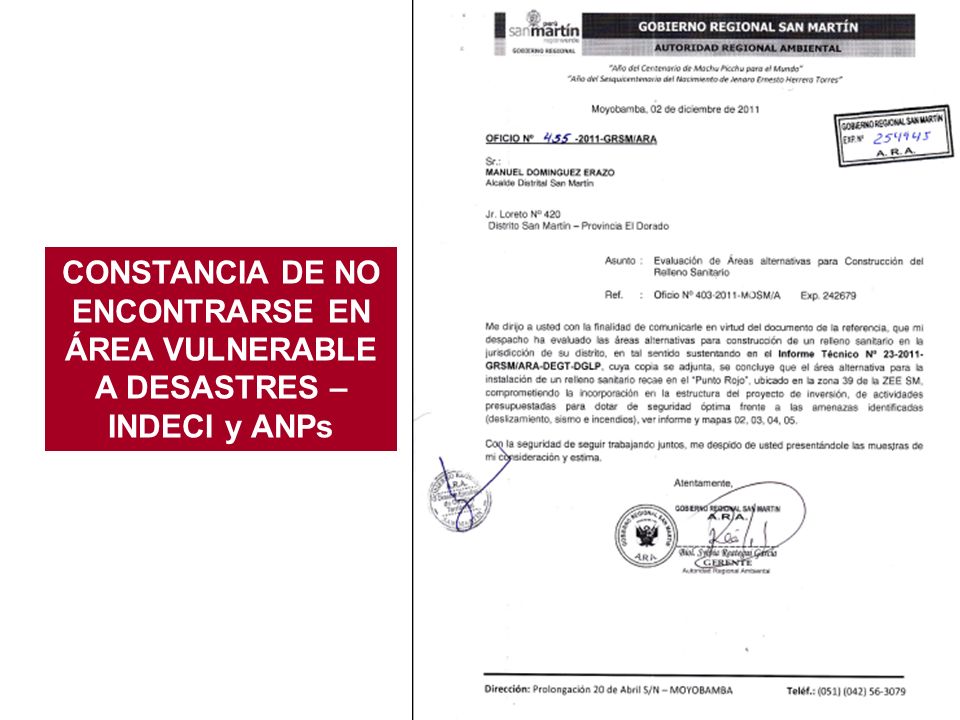 CONSTANCIA DE NO ENCONTRARSE EN ÁREA VULNERABLE A DESASTRES – INDECI y ANPs