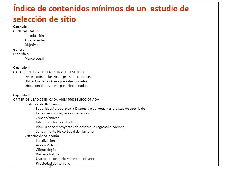 Índice de contenidos mínimos de un estudio de selección de sitio