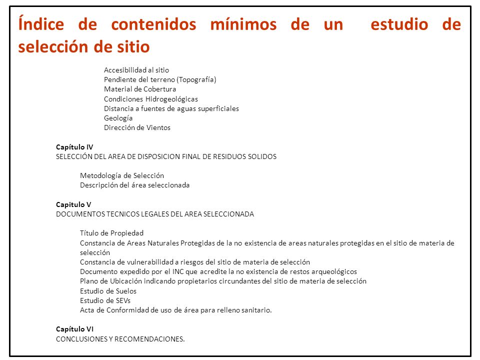 Índice de contenidos mínimos de un estudio de selección de sitio