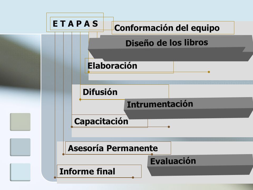 E T A P A S Conformación del equipo. Informe final. Asesoría Permanente. Capacitación. Difusión.