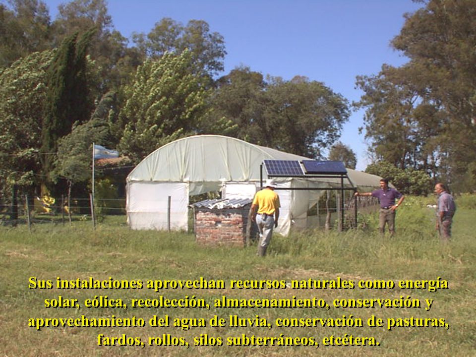 Sus instalaciones aprovechan recursos naturales como energía solar, eólica, recolección, almacenamiento, conservación y aprovechamiento del agua de lluvia, conservación de pasturas, fardos, rollos, silos subterráneos, etcétera.