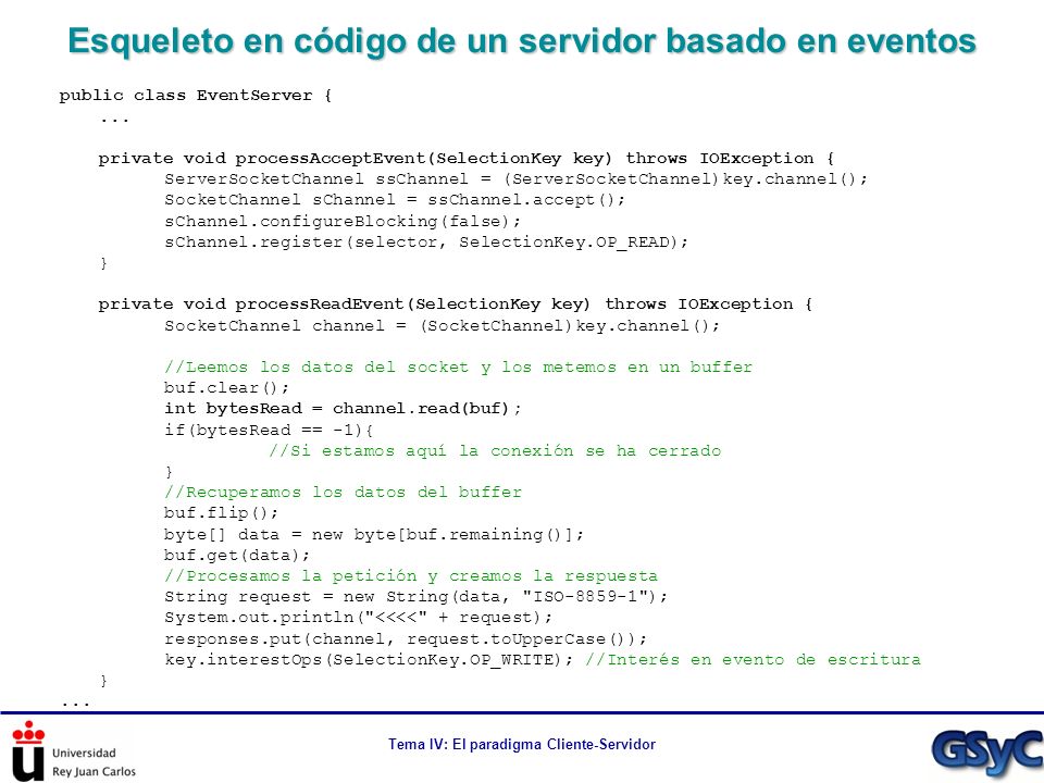 Esqueleto en código de un servidor basado en eventos