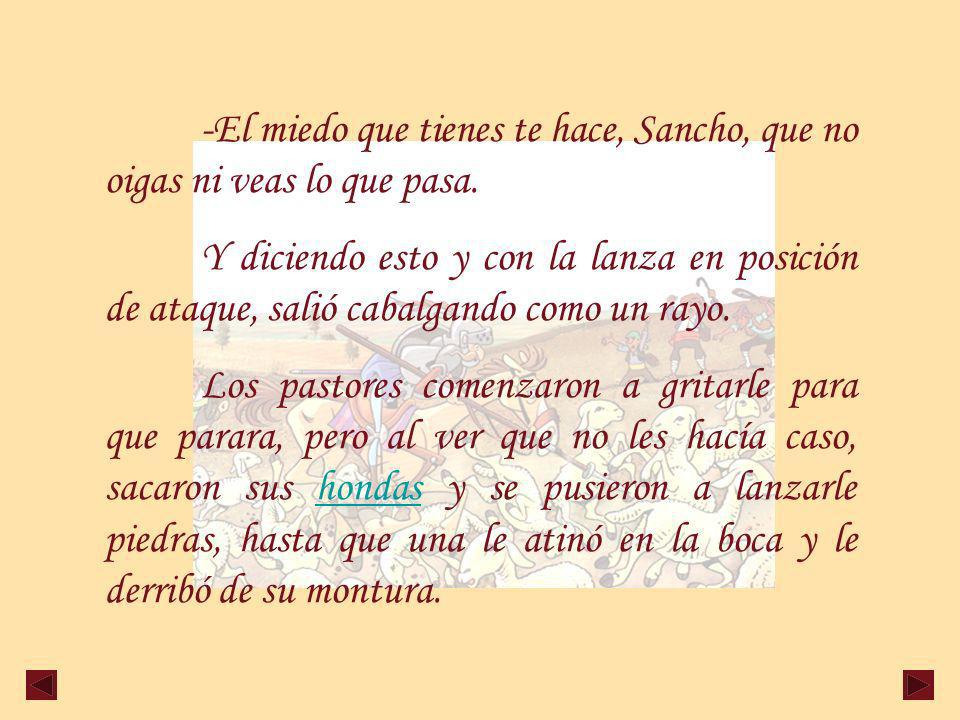 -El miedo que tienes te hace, Sancho, que no oigas ni veas lo que pasa.