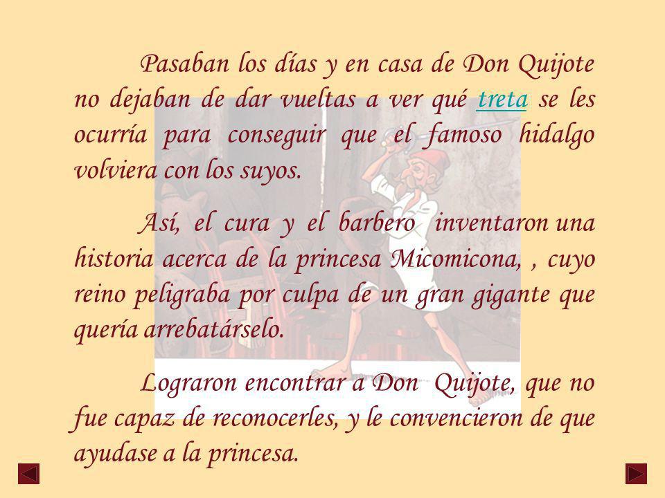 Pasaban los días y en casa de Don Quijote no dejaban de dar vueltas a ver qué treta se les ocurría para conseguir que el famoso hidalgo volviera con los suyos.