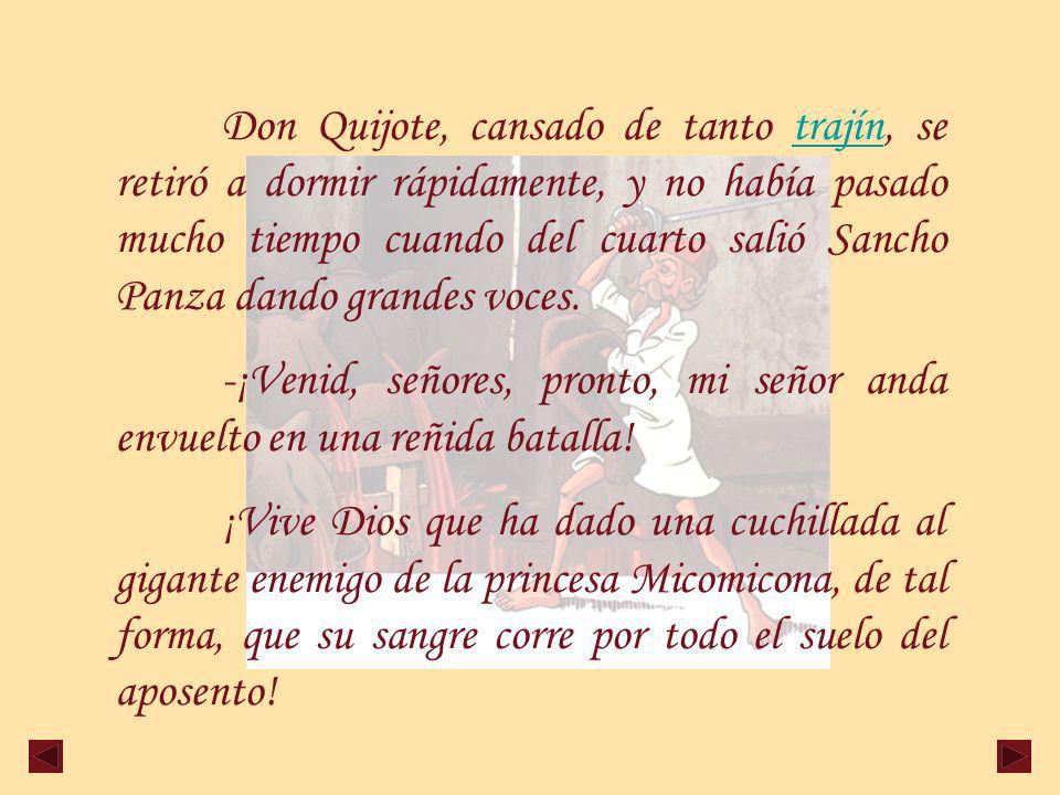 Don Quijote, cansado de tanto trajín, se retiró a dormir rápidamente, y no había pasado mucho tiempo cuando del cuarto salió Sancho Panza dando grandes voces.