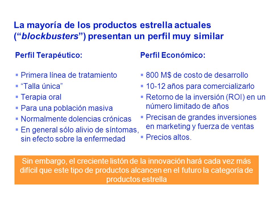 La mayoría de los productos estrella actuales ( blockbusters ) presentan un perfil muy similar