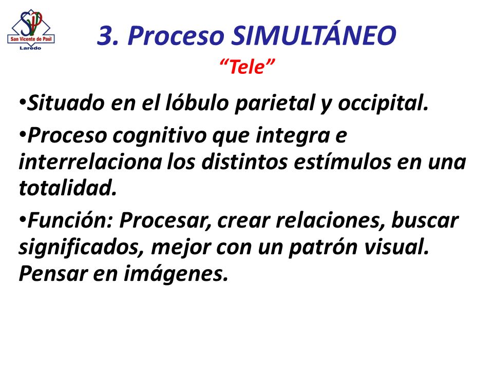 3. Proceso SIMULTÁNEO Situado en el lóbulo parietal y occipital.