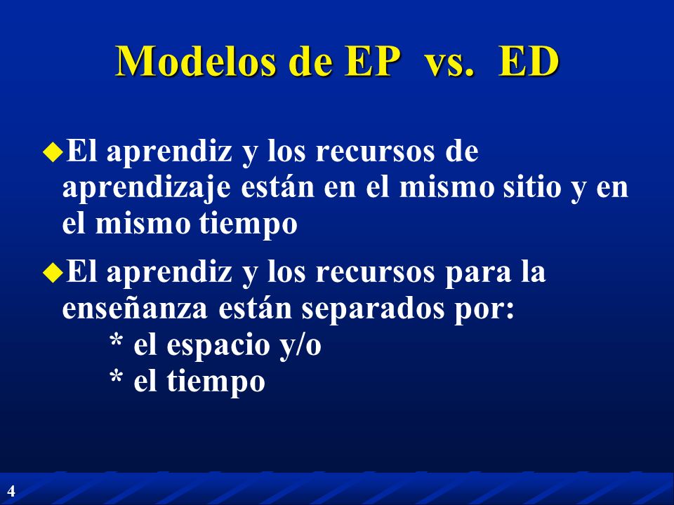 Modelos de EP vs. ED El aprendiz y los recursos de aprendizaje están en el mismo sitio y en el mismo tiempo.