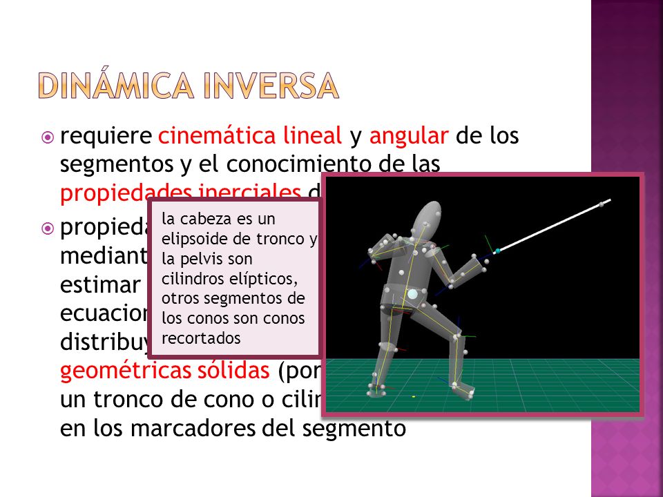 dinámica inversa requiere cinemática lineal y angular de los segmentos y el conocimiento de las propiedades inerciales del segmento.