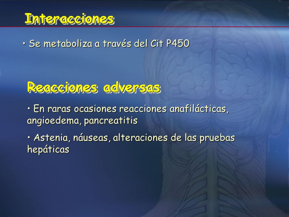 Interacciones Reacciones adversas Se metaboliza a través del Cit P450