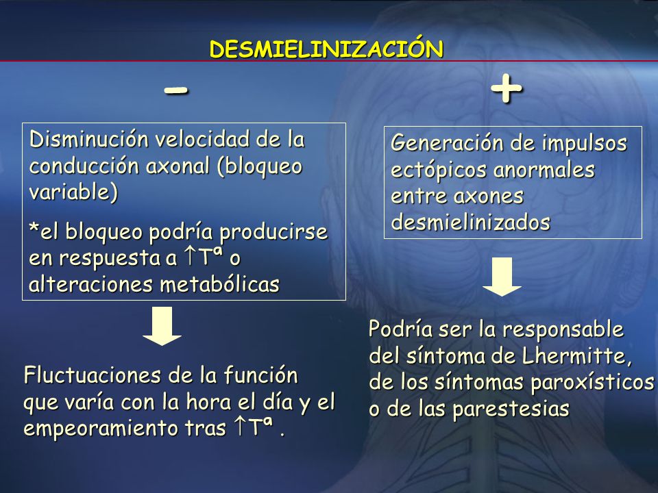 DESMIELINIZACIÓN - + Disminución velocidad de la conducción axonal (bloqueo variable)