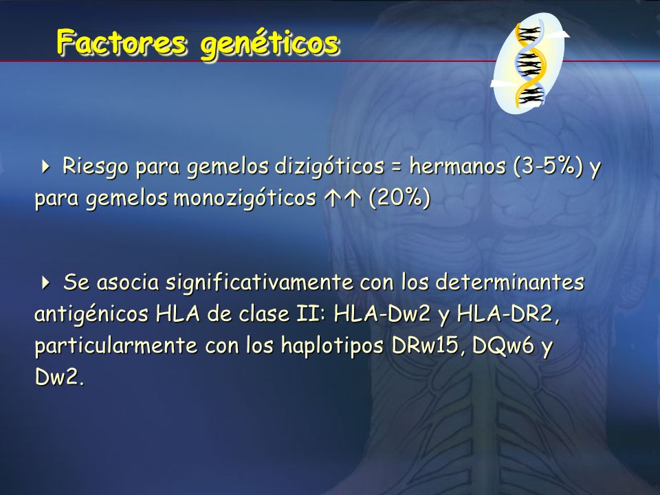 Factores genéticos  Riesgo para gemelos dizigóticos = hermanos (3-5%) y para gemelos monozigóticos  (20%)