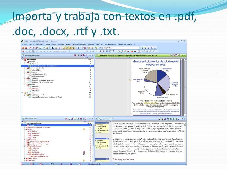 Importa y trabaja con textos en .pdf, .doc, .docx, .rtf y .txt.
