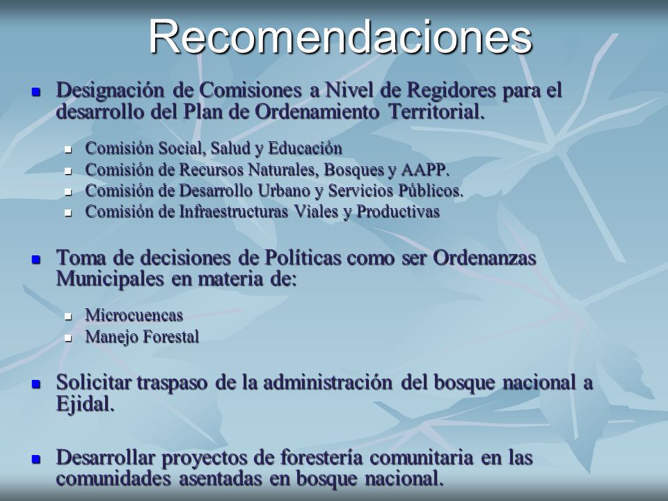 Recomendaciones Designación de Comisiones a Nivel de Regidores para el desarrollo del Plan de Ordenamiento Territorial.