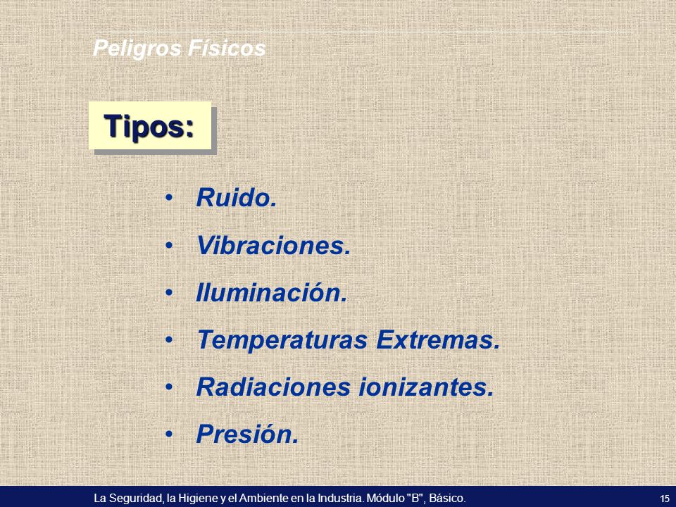 Tipos: Ruido. Vibraciones. Iluminación. Temperaturas Extremas.