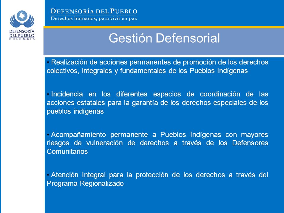 Gestión Defensorial Realización de acciones permanentes de promoción de los derechos colectivos, integrales y fundamentales de los Pueblos Indígenas.