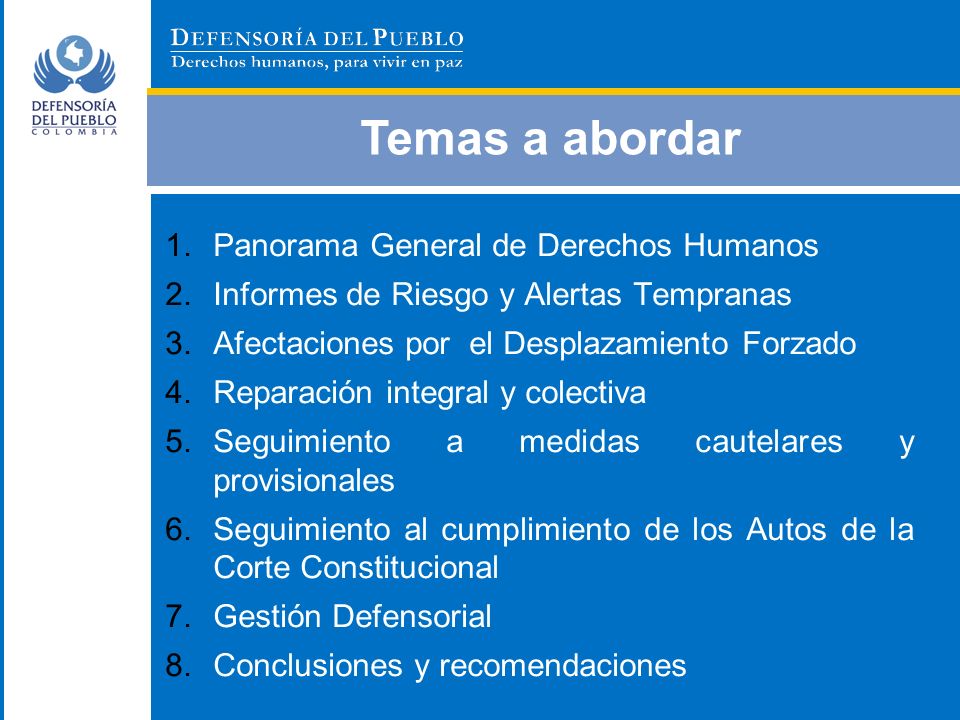 Temas a abordar Panorama General de Derechos Humanos