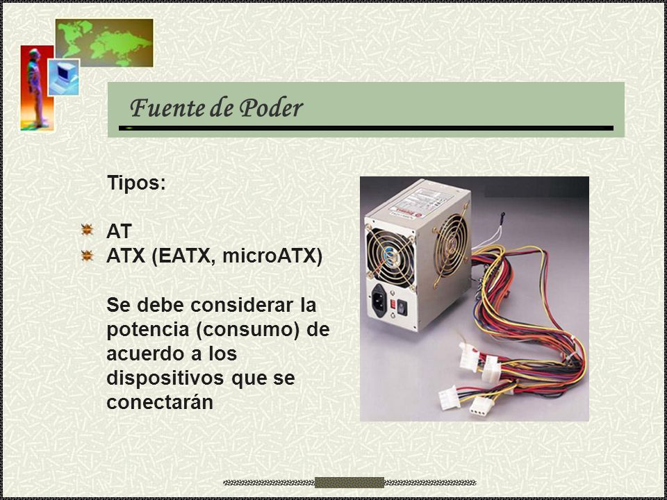 Fuente de Poder Tipos: AT ATX (EATX, microATX)